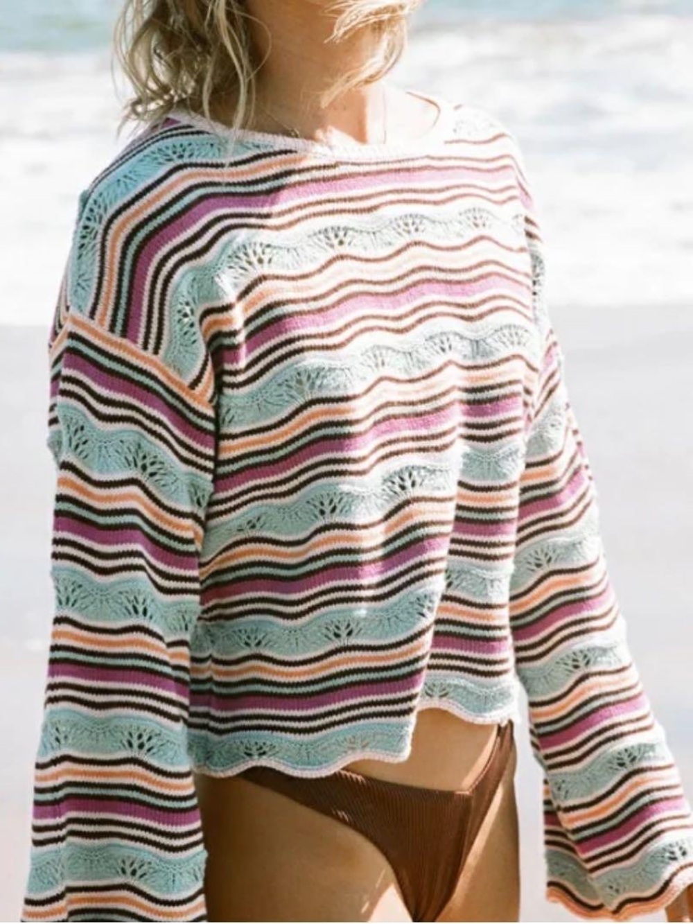 Roxy Salt Siren Crop Bell Sleeve Sweater Medium